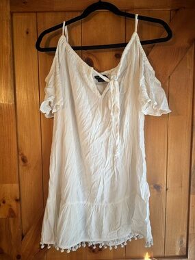 White Pom Trim Cold-Shoulder Coverup
